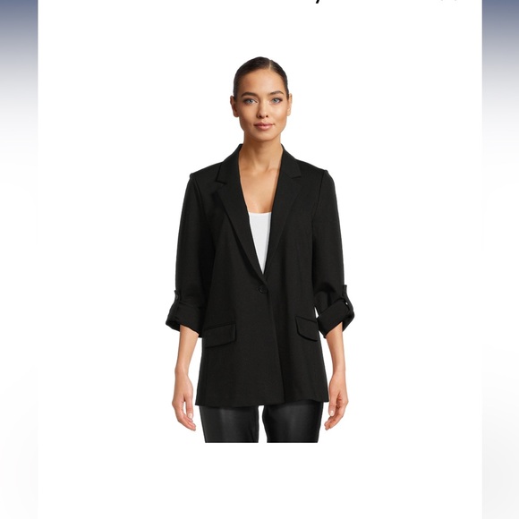 Women's Relaxed Fit Button Front Ponte Blazer with Adjustable Sleeves Black. NWT - Picture 1 of 15